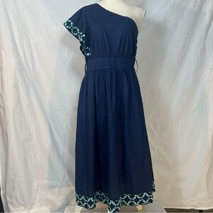 Crown & Ivy Dress One Shoulder Navy W/Green Embroidered Trim Sleeveless 8 👍